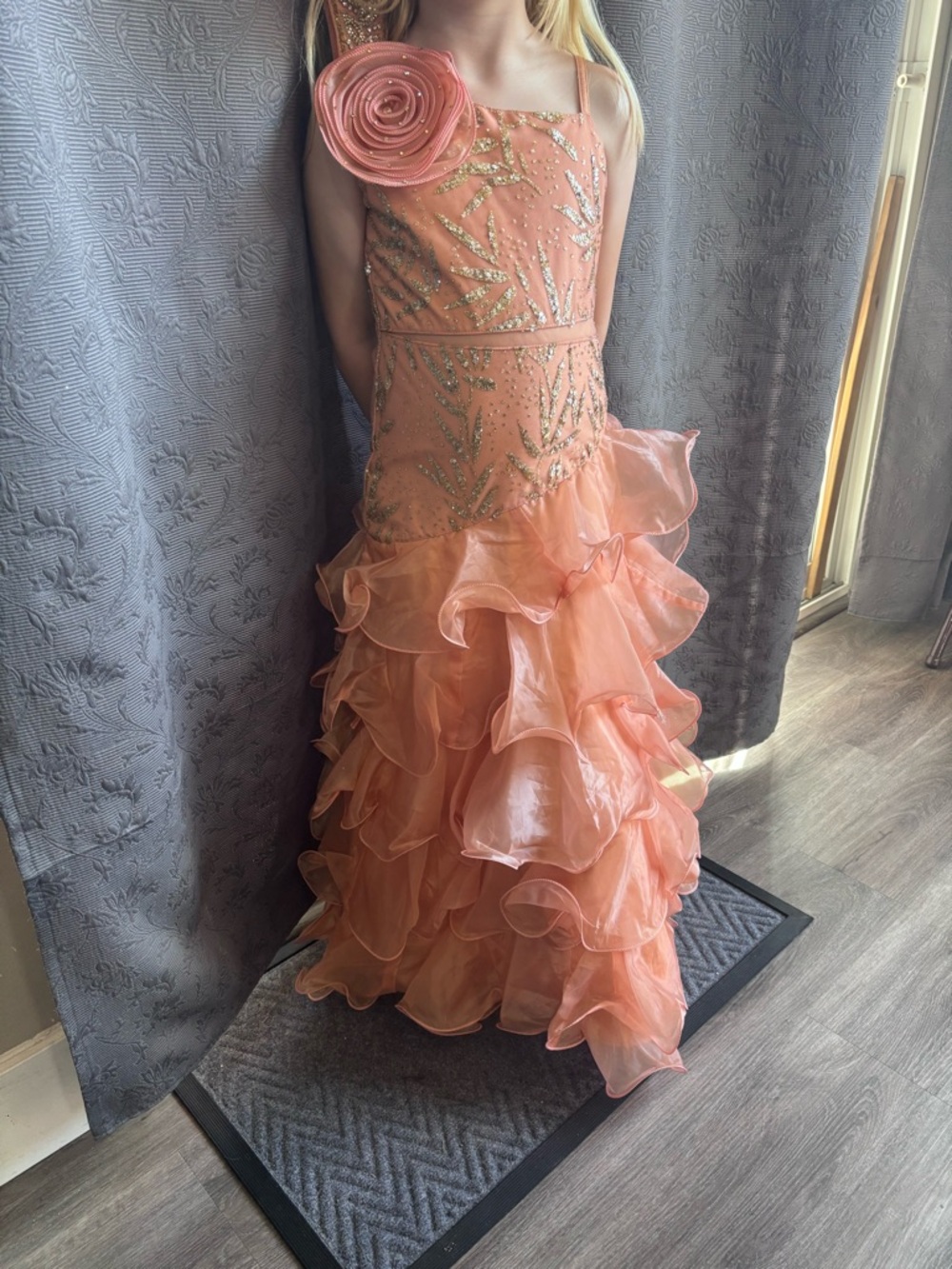 Peach Ruffled Organza Pageant Dress with Sequin Bodice